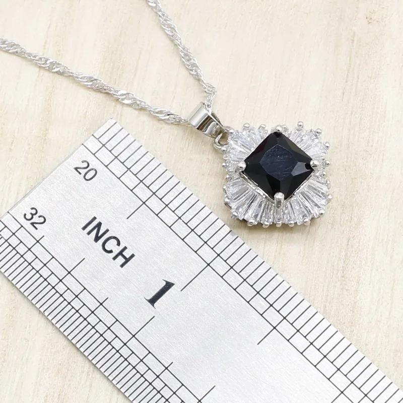 Геометрический черный кубический цирконий серебряные Ювелирные наборы для женщин браслет ожерелье кулон серьги кольцо День рождения Свадебные ювелирные изделия