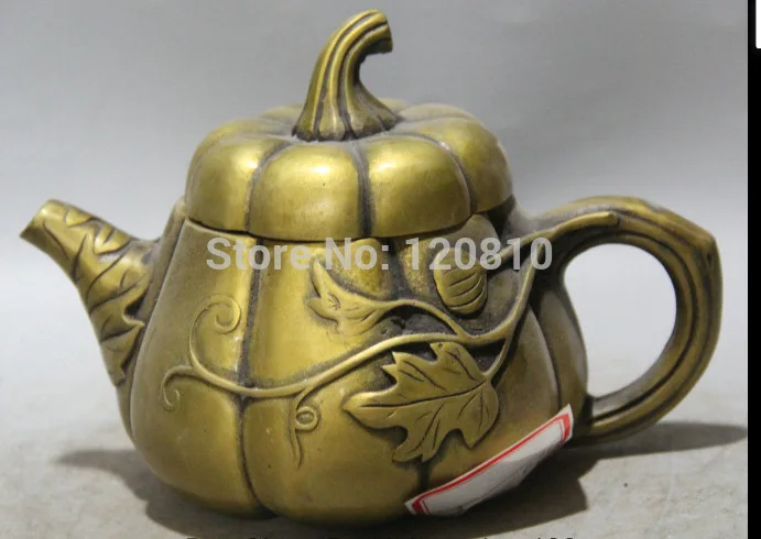 

8" Makred Chinese Dynasty Copper Pumpkin Leaf Water Handle Wine Tea Pot Flagon statue