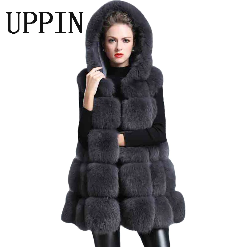 

UPIN 2019 Winter Coat Women Thick Faux Fur Vest Hooded Fox Fur Vest Middle-long Paragraph A Word Big Pendulum Gilet Veste 5xl