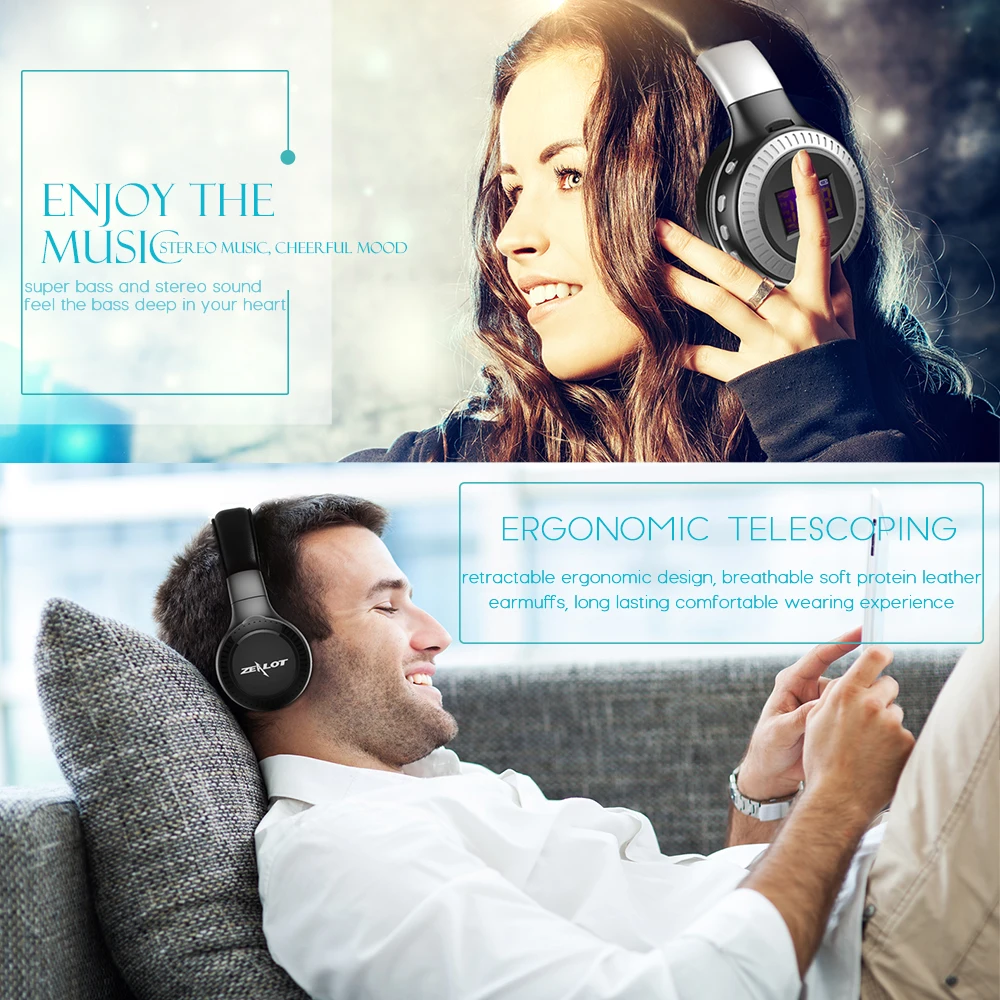 Fone de Ouvido sem Fio com Bluetooth Livres com Microfone Reprodução de Mp3 Zealot Super Grave Estéreo Cartão tf Rádio fm Mãos - Image 2