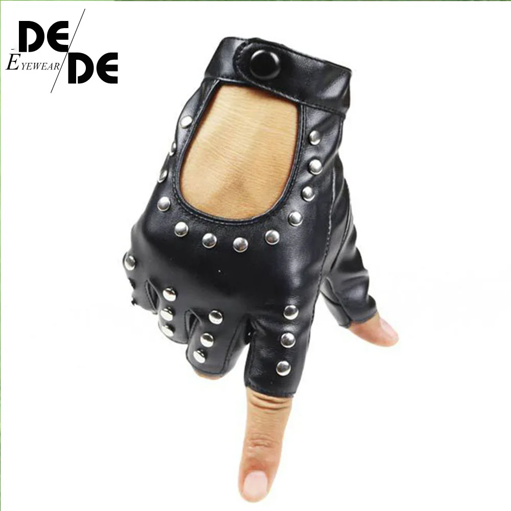 

DesolDelos Women Rivets PU Leather Gloves Semi-Finger Mens Rivet Belt PU Gloves Sexy Cutout Fingerless Gloves R007