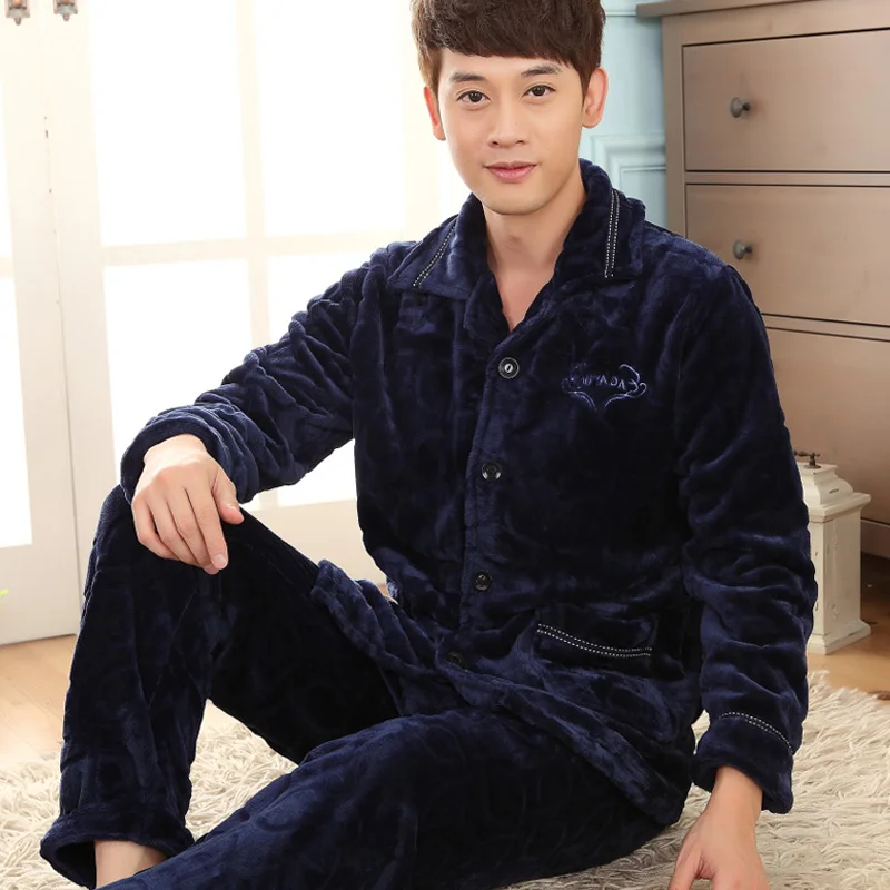 Homem inverno pijamas define Mink espessamento camisola masculino dos