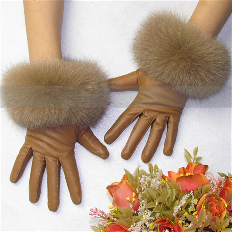 Перчатки из натуральной кожи, перчатки из лисьего меха, женские перчатки из овчины, теплые флисовые перчатки с лисьим мехом, белые перчатки для рук, акция
