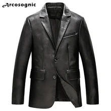 Мужская куртка из овечьей кожи, приталенная повседневная куртка из натуральной кожи, мужской черный кожаный пиджак