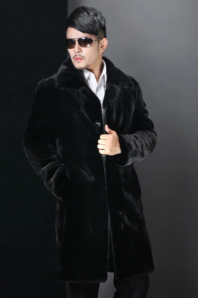 S/5XL Mens Winter Long Mink Fur Jacket Black Casual Faux Fur High