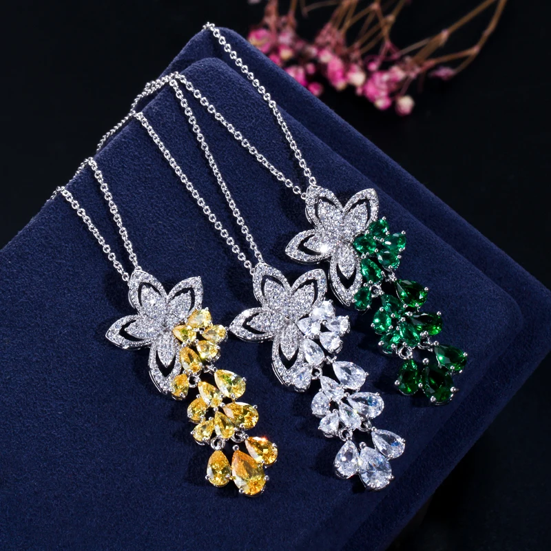 CWWZircons 2020 New Arrival Cubic Zirconia Tassel Drop Flower Earrings and Pendant Necklace Fashion Ladies Jewelry Sets T334