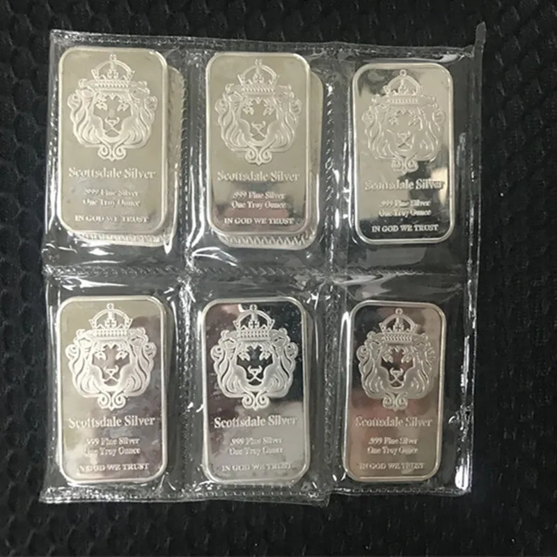 50 pcs Non magnetic Scottsdale silver bullion bar 1 OZ silver plated ingot badge 50 mm x 28 mm Vacuum packing 5 pcs a row bars