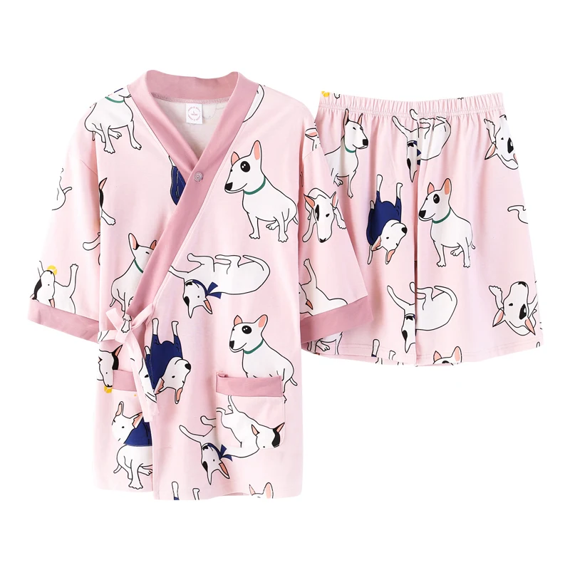 Горячая Распродажа, летние пижамы для женщин и девочек, пижамные комплекты, милые японские кимоно с принтом собаки для женщин, большие размеры, хлопок, юката