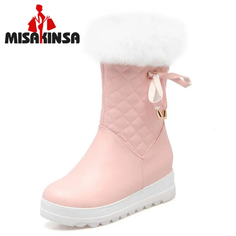

MISAKINSA Women Winter Warm Snow Boots Ladies Sweet Bowtie Style Mid Calf Botas Woman Round Toe Flat Zipper Shoes Size 34-43