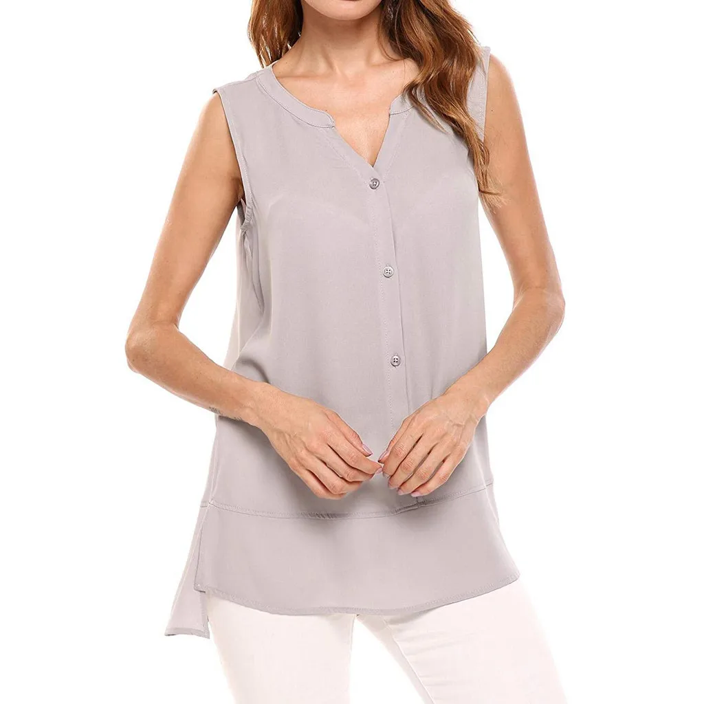 Fashion Women Summwe Solid V-Neck Sleeveless Buttons Chiffon Casual Tank Top Casual Tee Tops Tank Tops Vest Solid Color