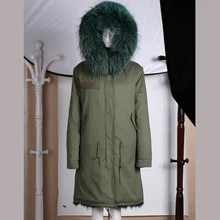 Натуральный мех Длинные Стиль лисий мех внутри темно-зеленый зимняя куртка для женщин