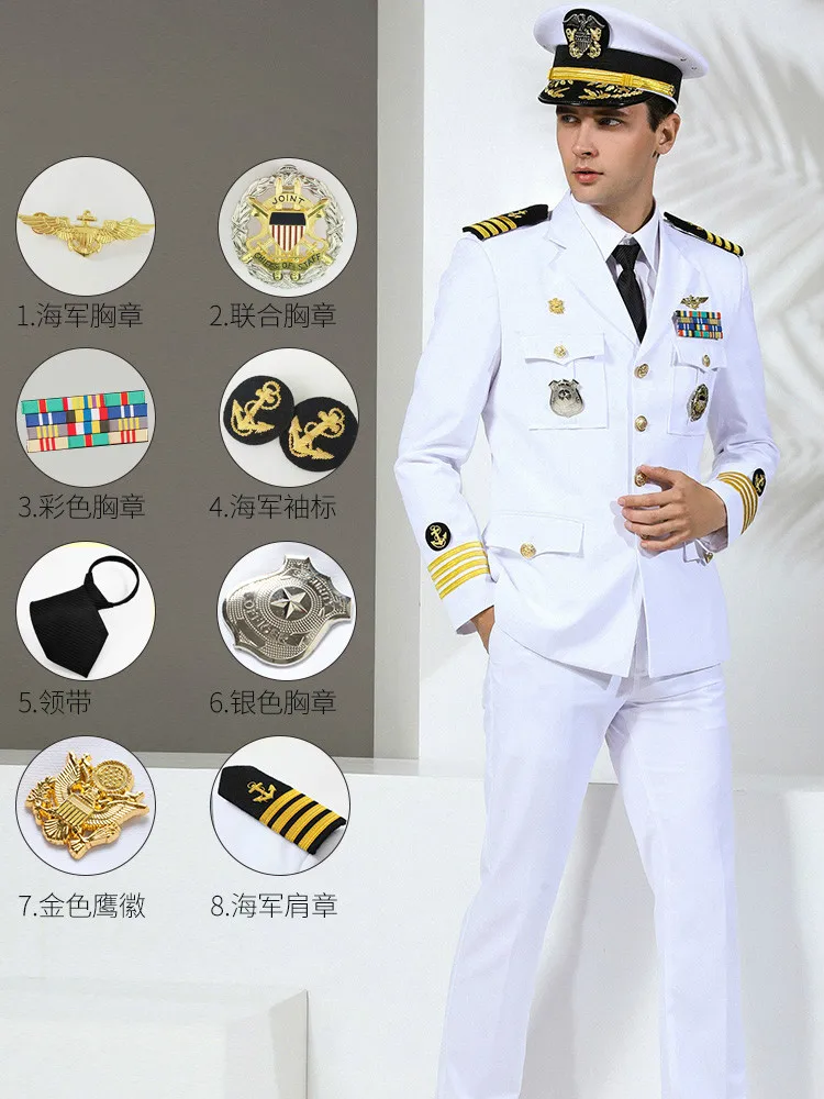 High Quality Men Suirts Military Slim Fit Suit Navy uniform Fashion Brand Stage performance Captain clothing Party costumes