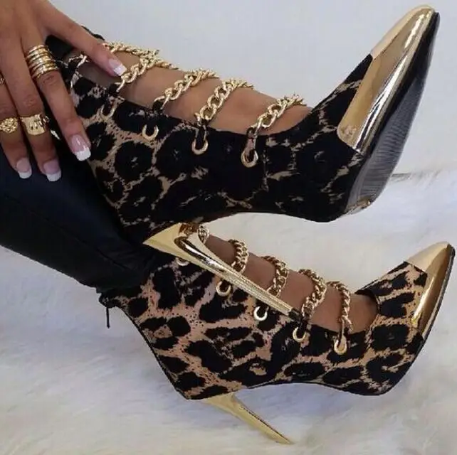 

autumn leopard 10cm stiletto heels booties metal chains gold pointed toe cut-outs ankle boots women dress shoes size 35-41
