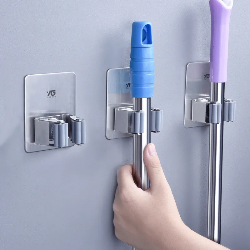 Balleenshiny 304 المقاوم للصدأ منظم جدار المطبخ تخزين الرف حامل المكنسة الممسحة حامل ماجيك ملصق مكنسة رف