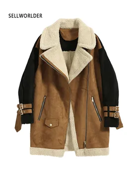 

2018 Winter Women SELLWORLDER Thicken coat Long Sleeves Lamb cashmere Warm Long Jacket
