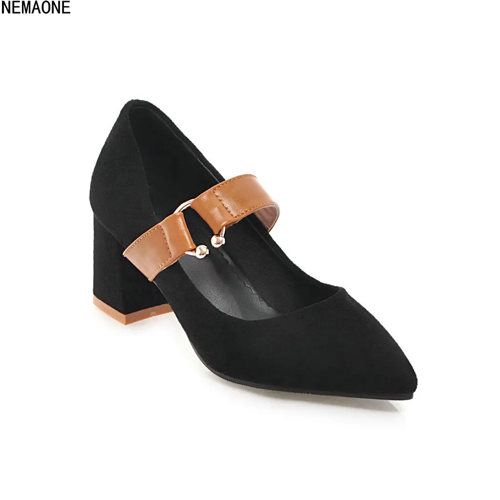 

NEMAONE 2018 New High heels Square heel Pointed toe shoes Spring Autumu A word band with decoration Round Metal Women pumps