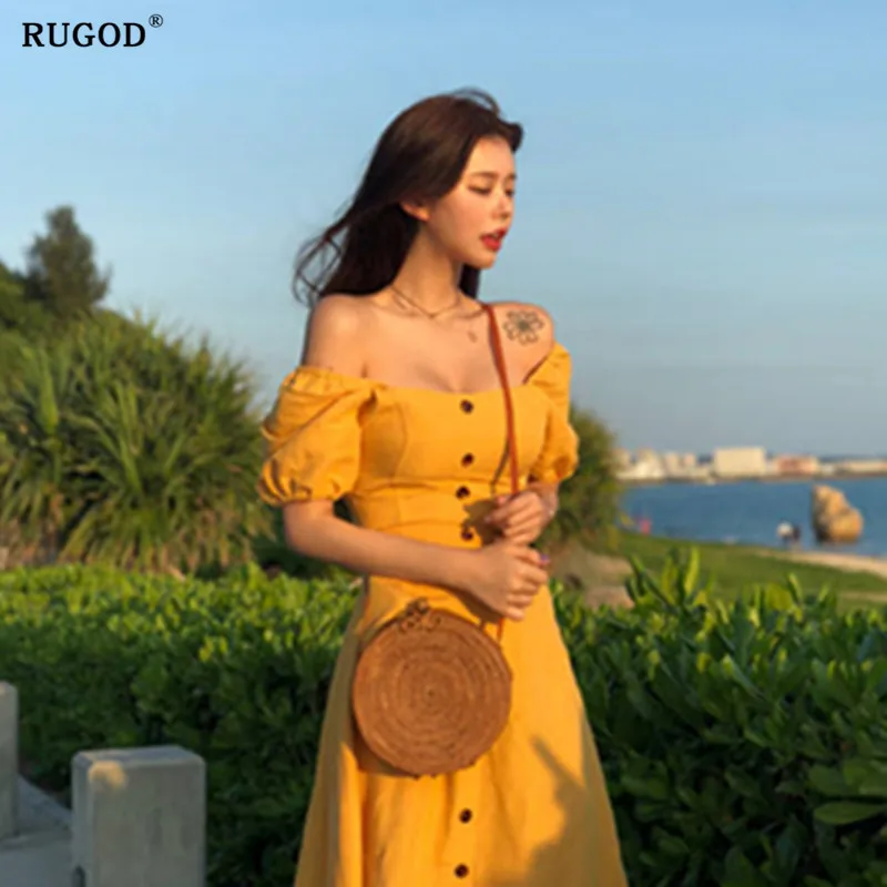 RUGOD, летнее платье для женщин,, квадратный воротник, с пышными рукавами, Повседневное платье для женщин, корейский стиль, тонкая талия, эластичная, vestidos de verano