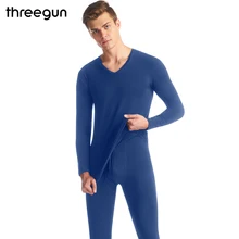 THREEGUN Термобелье Комплект V-образным вырезом Хлопок Цвет Длинные Джонс Мужчины Зима Теплый лайкра Нижнее белье Пижама Нижние