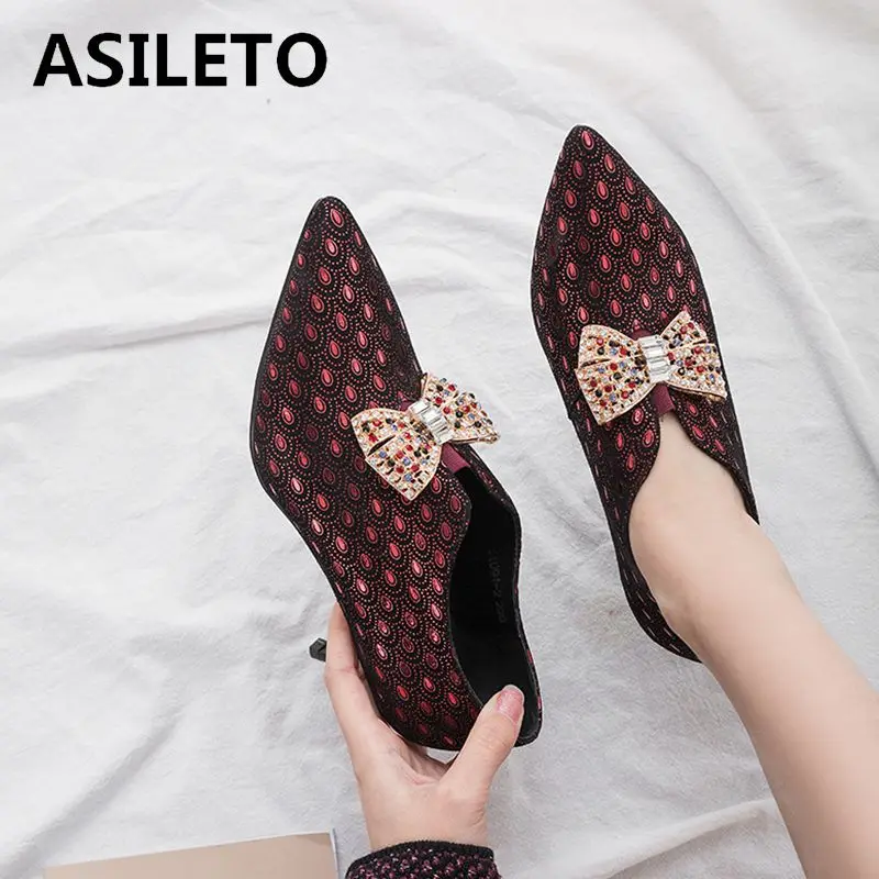 

ASILETO Full real Sheepskin leather shoes women pumps thin high heels pump bowtie rhinestone crystal stilettos zapatos chaussure