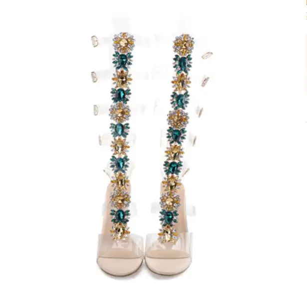 Sawakku Gem Summer Shoes Woman Perspex High Heel Clear Boots PVC Buckle Straps Sandalias Crystal Knee High Gladiator Sandals - Цвет: as show