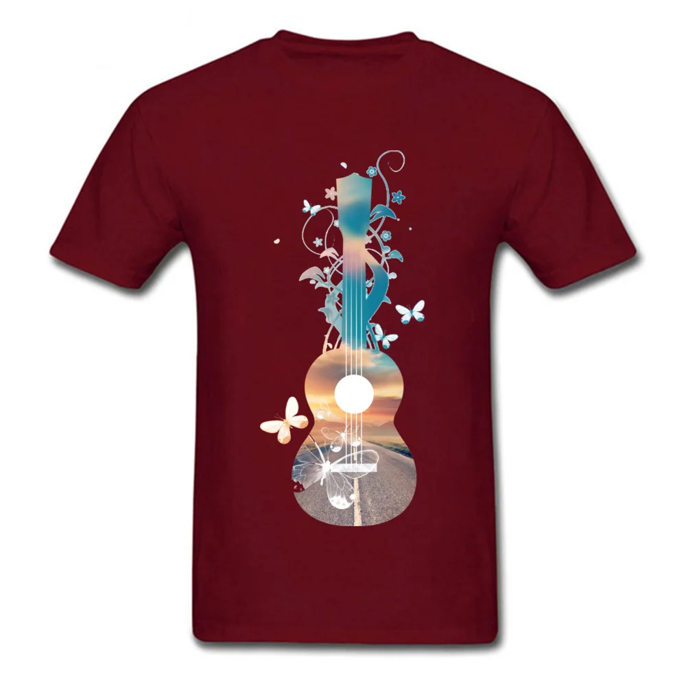 Printed On Casual Father Day Cotton Fabric Crewneck Men's Tops T Shirt Gift T Shirt Funny Short Sleeve T-Shirt Open road ukulele sunset dream butterflies maroon