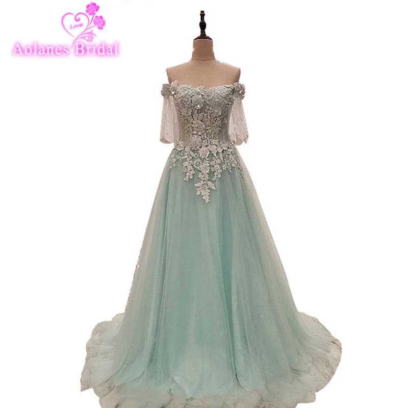 Luxury Real Photo Mint Green Formal Half Sleeves Gown Lace Up Back
