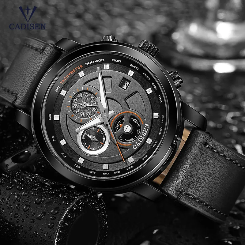 

Cadisen Men's Black Chronograph Quartz Watches Fashion Casual Leather Strap Luminous Hands Analogue Wristwatch for Man CL9052G-2