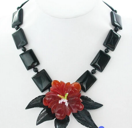 

huij 0033161 Nature 19" 50mm black red square round agate necklace