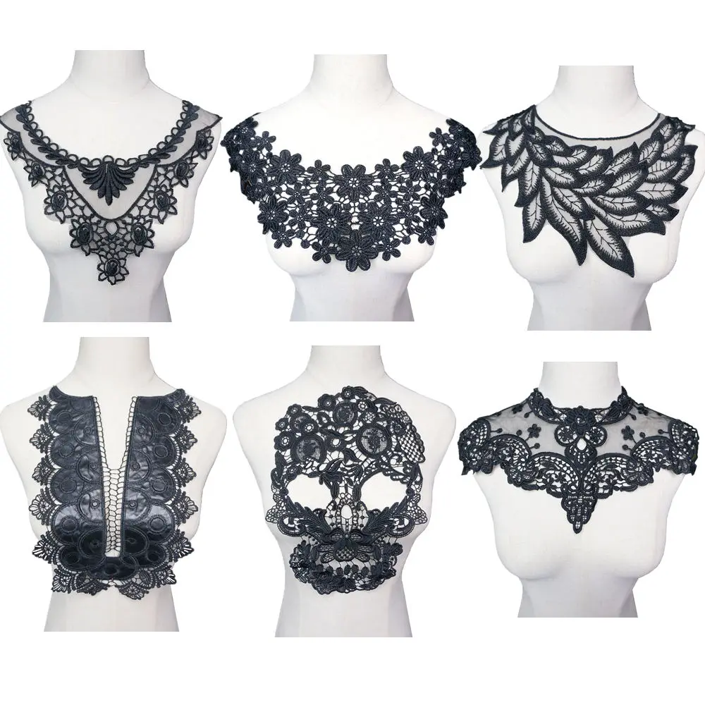 

Black Embroidered Lace Trims Flowers Collar Appliques Mesh Gothic Vintage Water Soluble Sew On Patch For Wedding Dress DIY