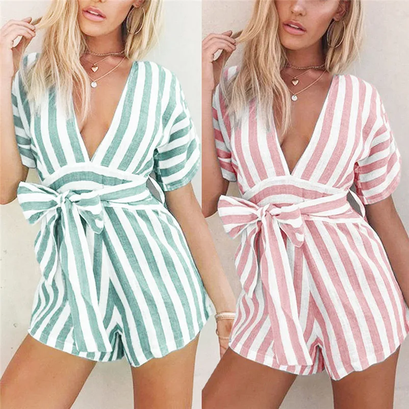 Fashion summer jumpsuit woman 2018 Deep V-neck Short Sleeved Rompers Striped casual Playsuit Jumpsuit pantaloni siamesi A02#N (4)