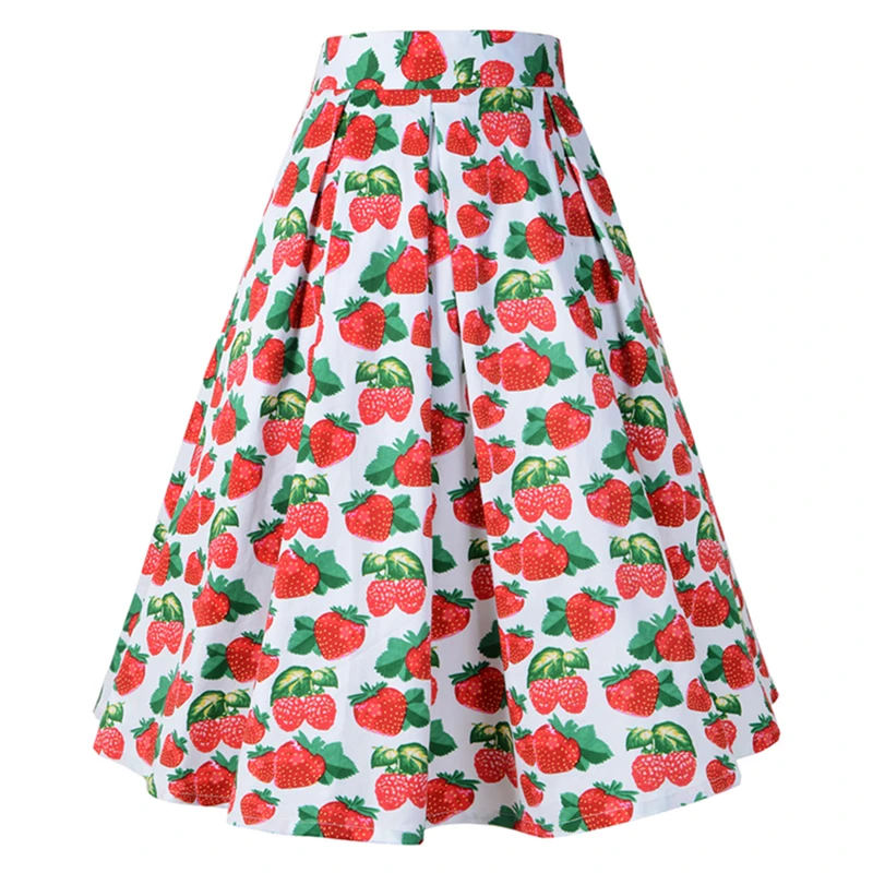 

Women vintage skirt 60s 70s 80s 90s floral strawberry printed pleated skirt retro Audrey Hepburn robe rockabilly pin-up vestidos