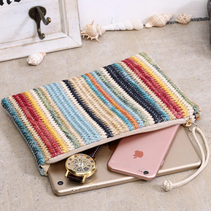 Women Daily Clutch Bag Female INS Popular Stripe Lady Mini Knitted Casual Handbag Holiday Hot Summer Beach Straw Bags SS3156 (12)