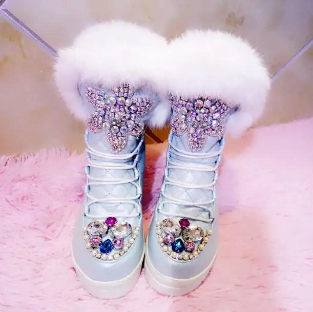 Роскошные женские зимние ботинки ручной работы на плоской подошве, украшенные стразами и кристаллами, австралийские теплые ботинки с высоким берцем на толстой рифленой подошве