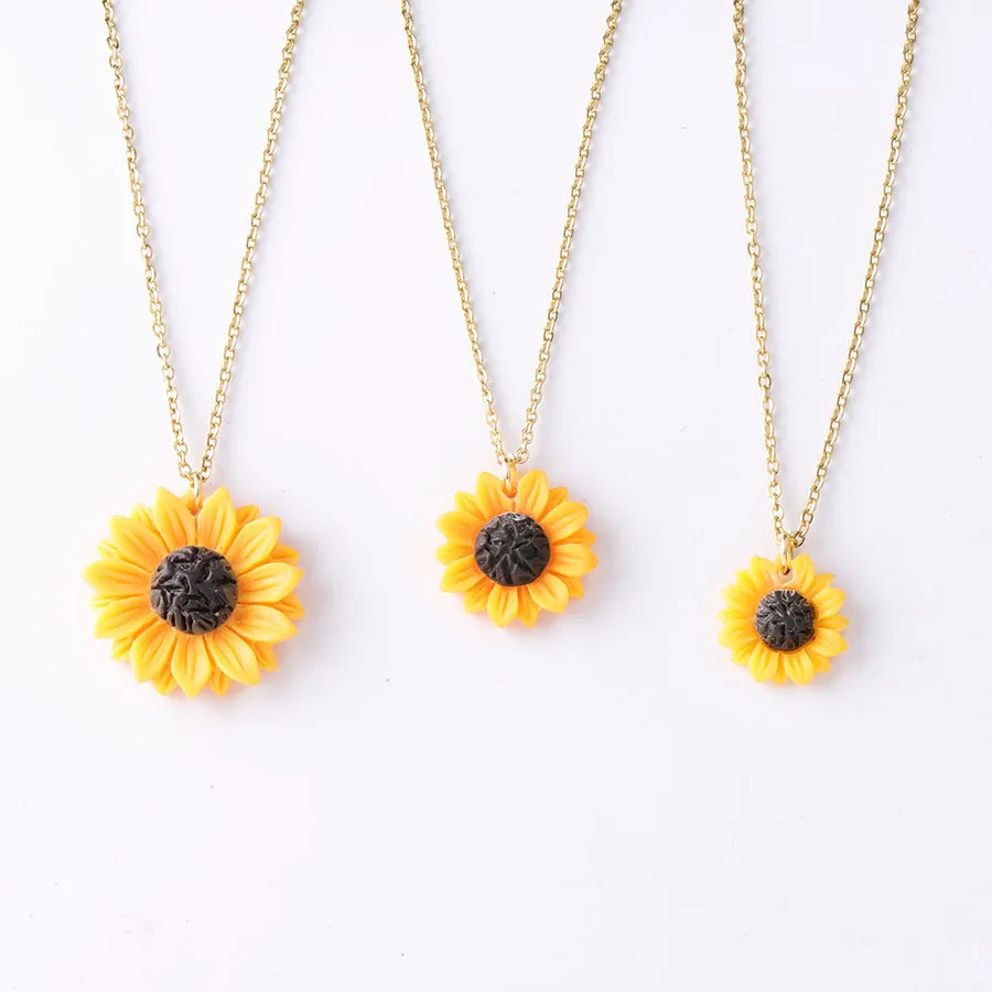 New Sunflower Pendant Necklace Silver & Gold Chain 15mm 18mm 25mm Resin Flower Collar Necklace for Women Girl Jewelry Gift