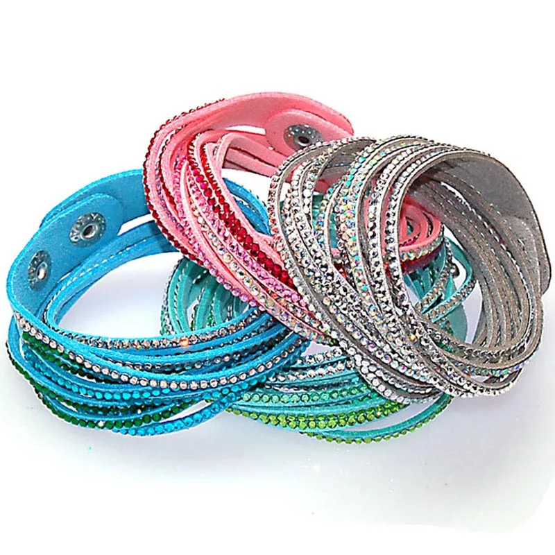 Многослойный кожаный браслет с двойной обмоткой кристаллами|leather bangle|bangles for
