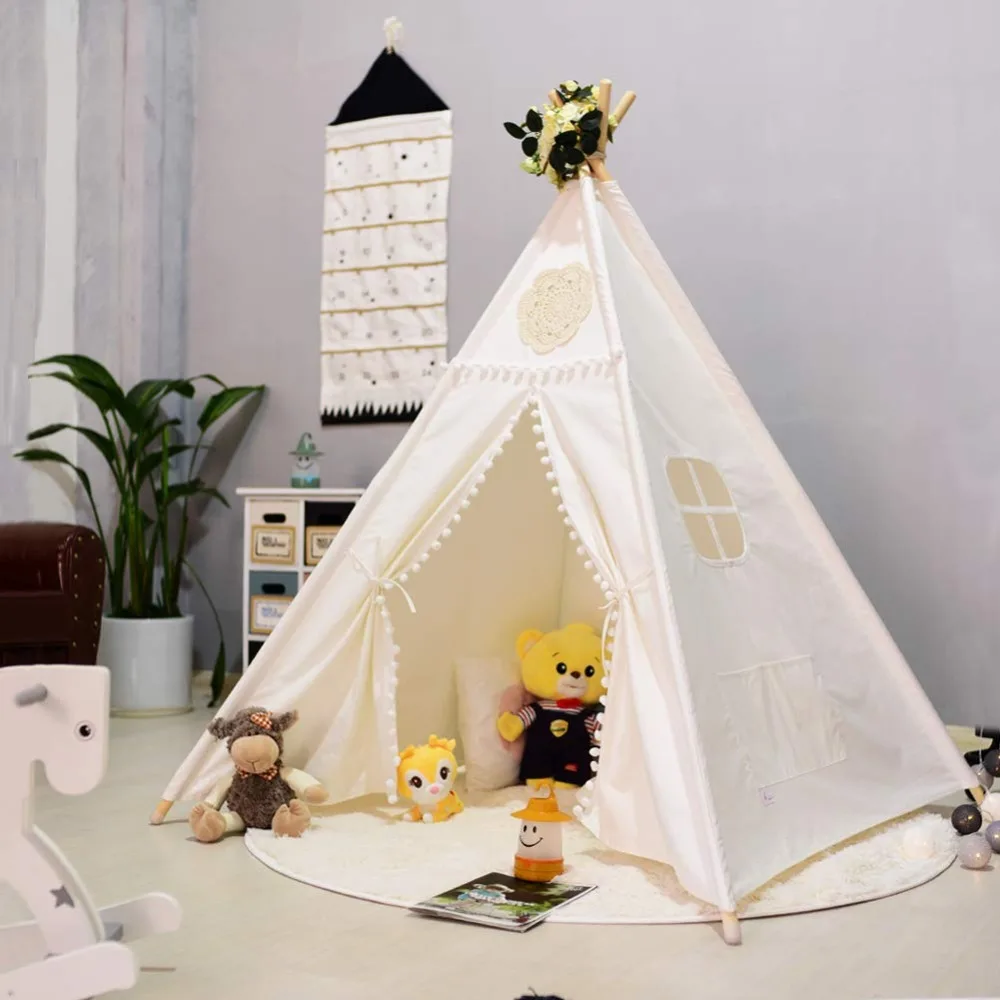 

White Canvas Teepee Kids Teepee Pom Poms Indian Play Tent House Children Tipi Tee Pee Tepee Tent