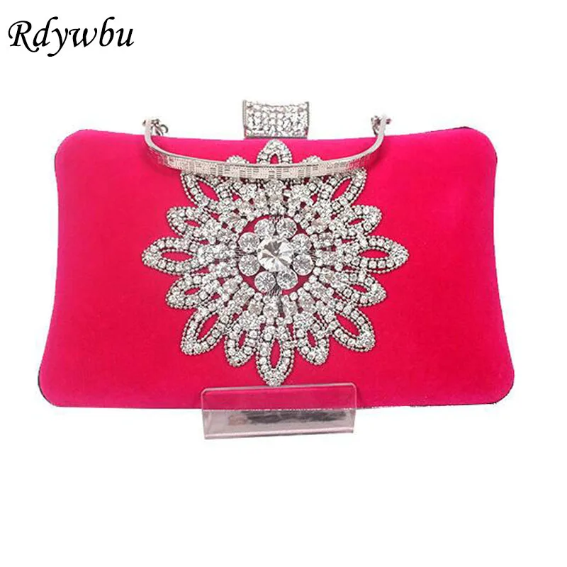 

Rdywbu Luxury Velvet Crystal Evening Bag Lady Flower Rhinestone Diamond Clutches Wedding Party Bridal Chain Shoulder Bag SJ156