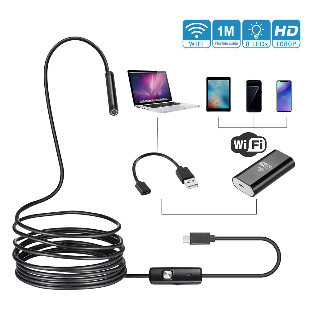 Full 1080P HD WIFI Endoscope Camera Inspection Camera 8mm Semi-Rigid Wireless BorescopeTube Wireless Video Inspection for IOS