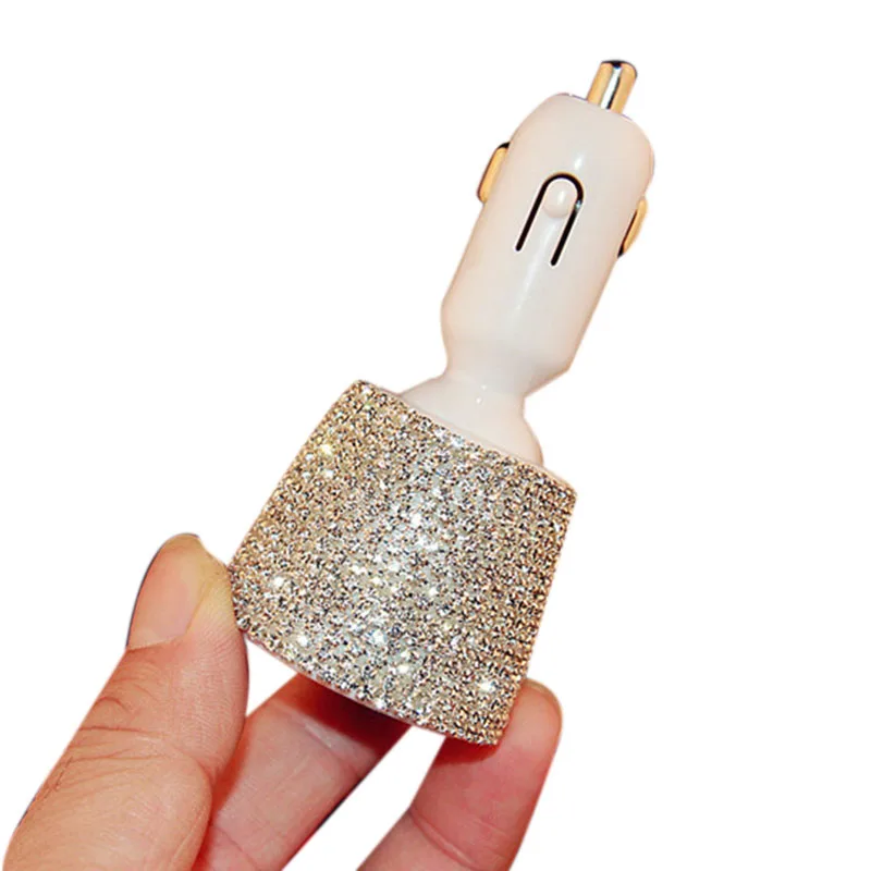 

Crystal Rhinestones Dual USB Quick Charge Car Charger For Mobile Phone Ipad Rotate Fast Charging Adapter Silver