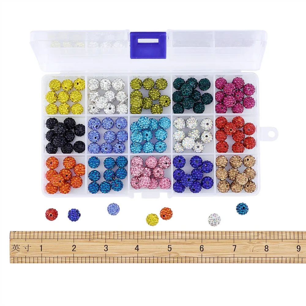 1 коробка смешанные 15 цветов 10 мм круглые бусины диско шар полимерная глина Стразы для изготовления ювелирных изделий отверстие: 1,5 мм; 10 шт/цвет