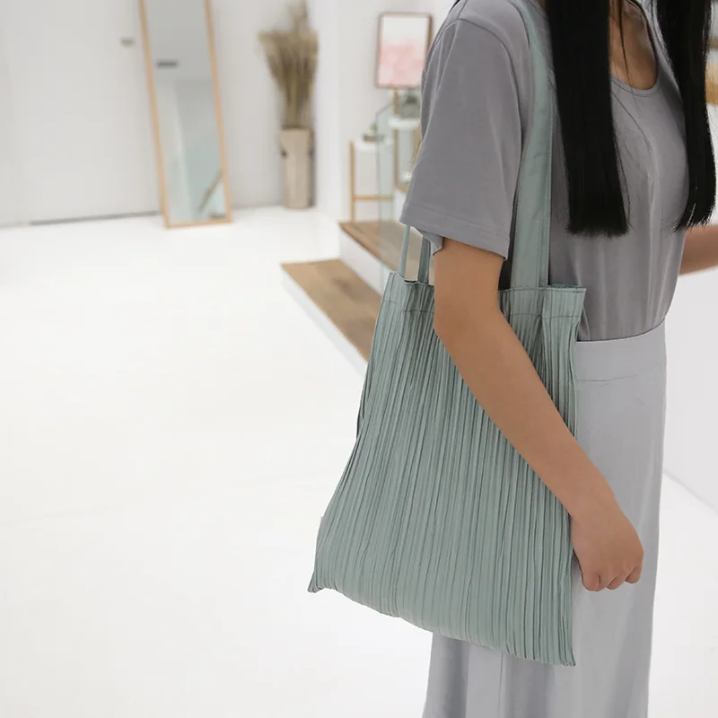 NEW Japanese Fold Pleated Bags Women Causal Shoulder Tote Bags Large Foldable Canvas Shopping