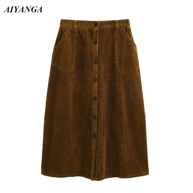 

Corduroy Skirts Women Autumn Winter Skirts 2018 Medium Long A-Line Skirt High Waist Button Casual Fashion Women's clothing