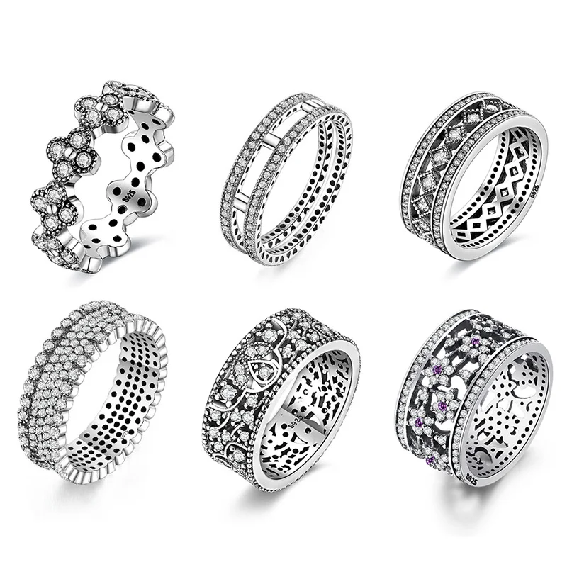 

925 Silver Ring Charm Plum Blossom Flower Purple Clear Crystal Finger Rings For Women Jewelry