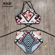 Купальный костюм из двух частей с длинными веревочными лямками, комплект бикини с высокой талией и высоким воротом, одежда для плавания, сексуальные купальники с винтажным принтом, одежда для плавания, бикини