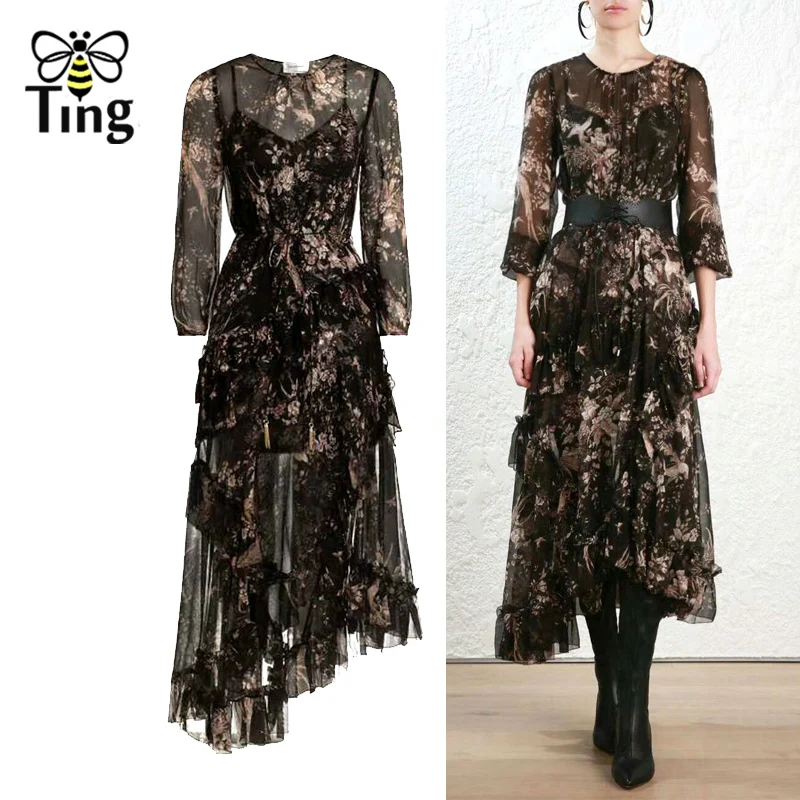 

Tingfly 2019 New Designer Brand Chiffon Floral Print Ruffles Asymmetrical Maxi Dress Women Elegant Long Party Dresses Vestidos