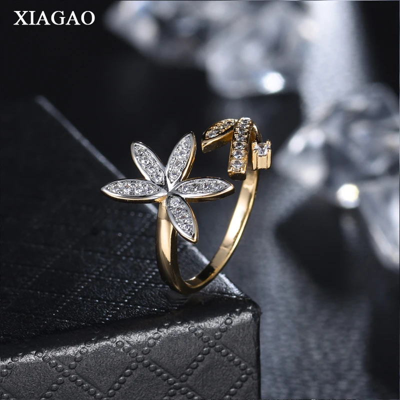 

XIAGAO Trendy Geometric Cubic Zirconia Ring for Women Fancy Crystal Leaf Open Rings Anillo Wedding Jewelry New Arrival XGR692