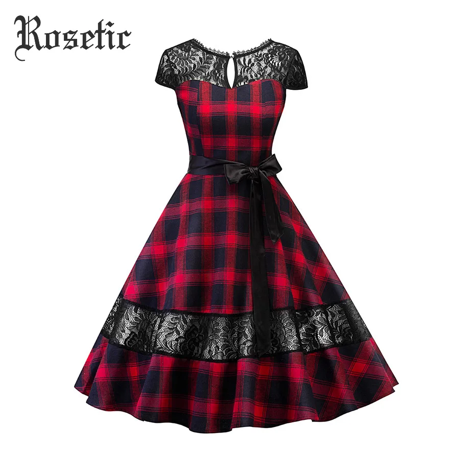 Ceny Rosetic Goth koronkowa sukienka kobiety Plaid Hollow Out bez pleców, patchworkowa Vintage kobiety letnia impreza eleganckie sukienki Sexy powrót ubrać