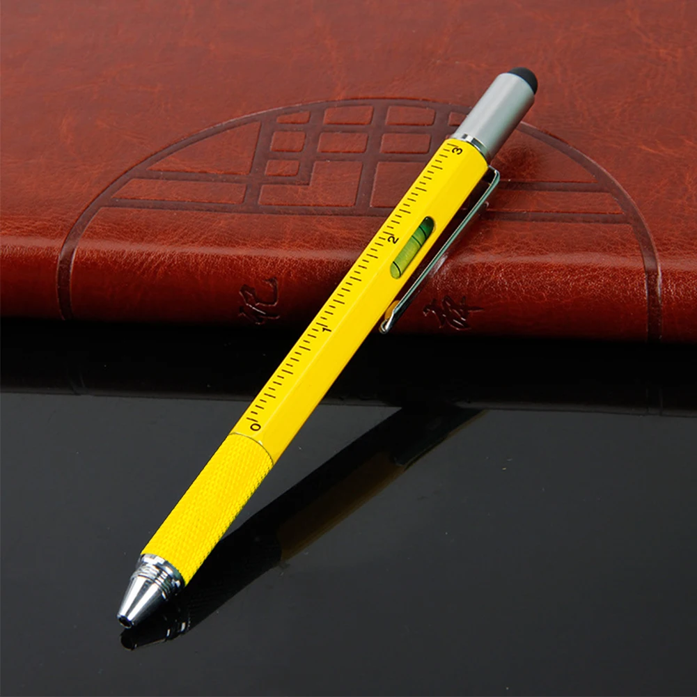 

1Pcs Yellow 6 in 1 Multifunction Metal Plastic pen Ballpoint Pen Stylus Screwdriver Ruler Level with Top and Scale Home Tool