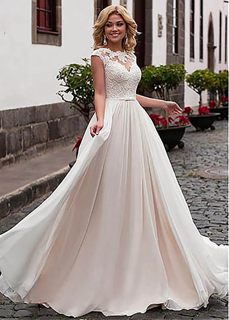 

2019 Wedding Dress Lace Appliqued Bride Dresses With Sash Train Illusion bridal Dress Cap Sleeves Floor Length Wedding GownS