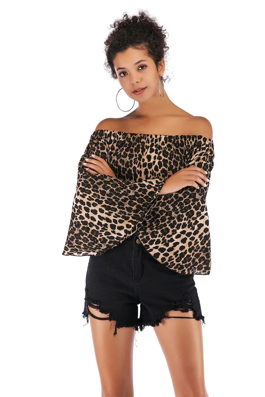 Gladiolus Off Shoulder Spring Autumn Blouse Women 2019 Flare Sleeve Sexy Leopard Print Crop Top Shirt Women Blouses Ladies Tops (34)
